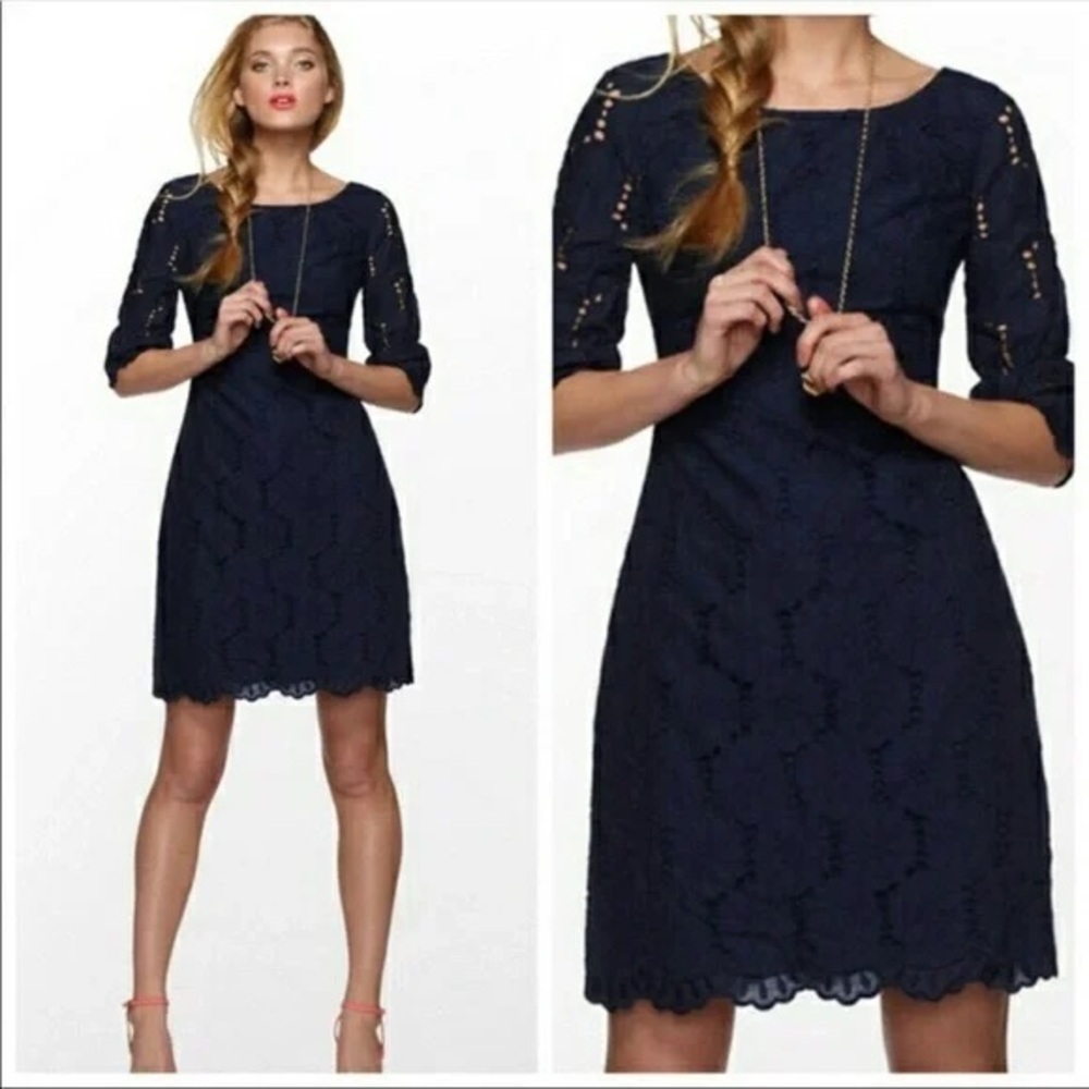 Lilly Pulitzer Shayna Papillon Butterfly Eyelet Crochet Shift Dress Navy (16)